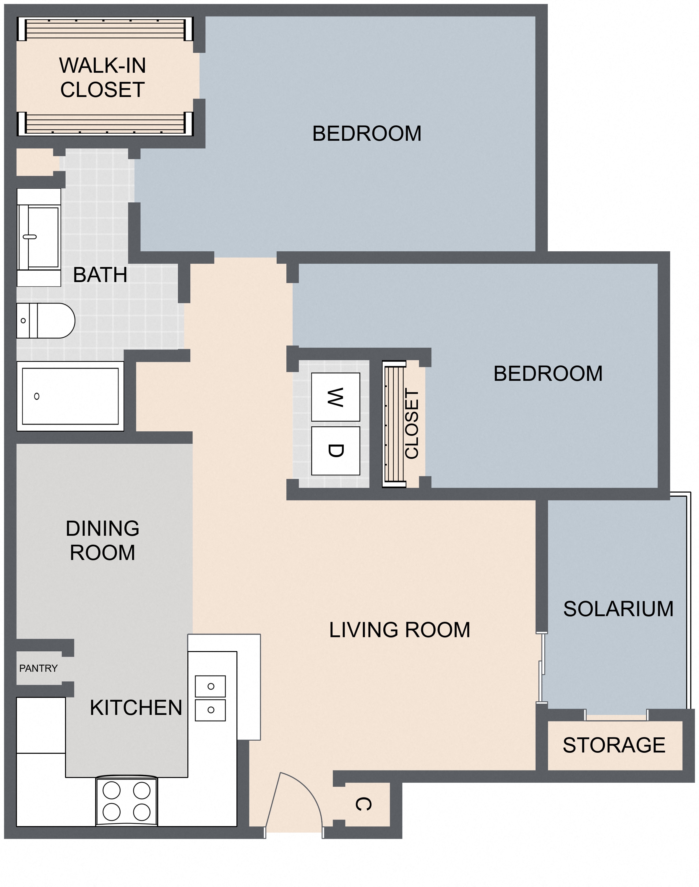 Floor plan for 1 bed, 1 bath, 977 sqft